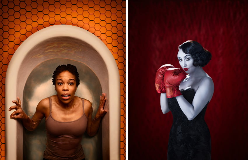 A diptych of photographs by Cade Martin for Woolly Mammoth. On the left is an image of a woman in a bathtub, taken from above. She wears a light brown camisole and has a surprised look on her face. Under the tub is a floor of goldenrod honeycomb-shaped tiles. On the right is a photo of a woman in a formal black gown wearing red boxing gloves. Her body appears to be in black-and-white while her red lipstick and boxing gloves are in color. She has a retro short hairstyle.